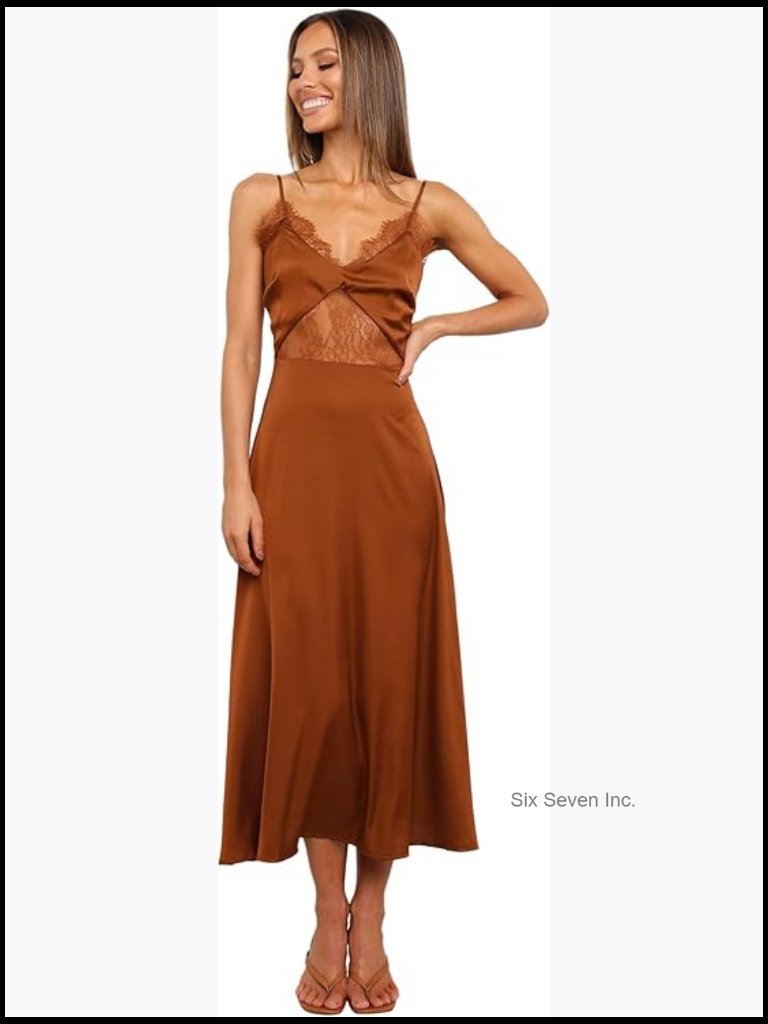 Polyester Midi Cocktail Dress With V-Neck And Lace Trim